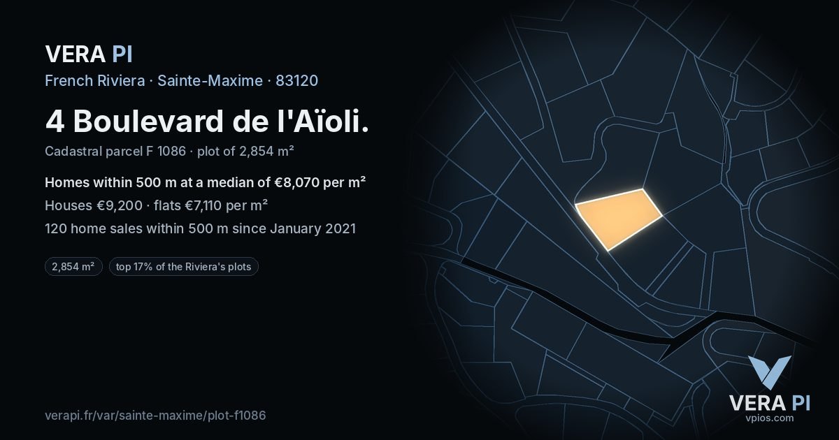 4 Boulevard de l'Aïoli, Sainte-Maxime at night – the plot lit, the parcels around coloured by the prices near them