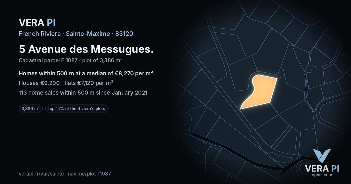 5 Avenue des Messugues, Sainte-Maxime at night – the plot lit, the parcels around coloured by the prices near them