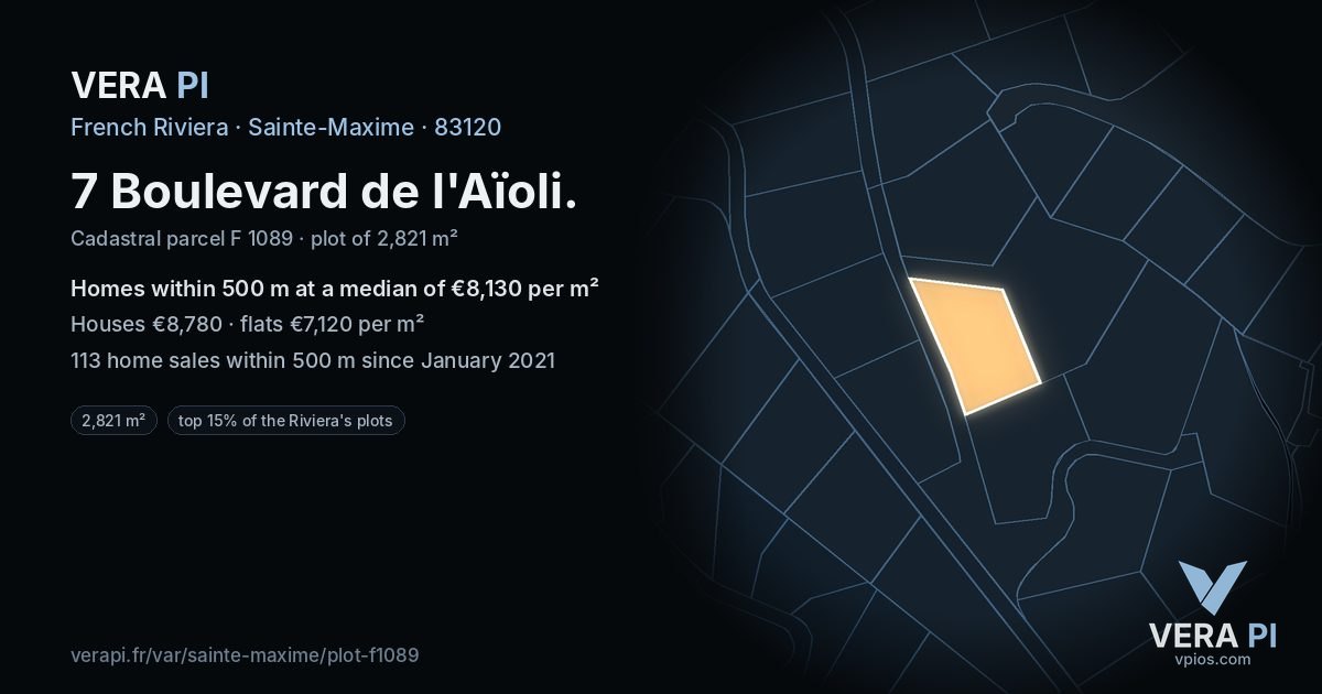 7 Boulevard de l'Aïoli, Sainte-Maxime at night – the plot lit, the parcels around coloured by the prices near them