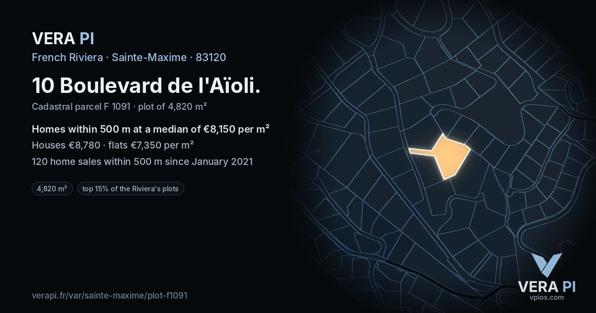 10 Boulevard de l'Aïoli, Sainte-Maxime at night – the plot lit, the parcels around coloured by the prices near them
