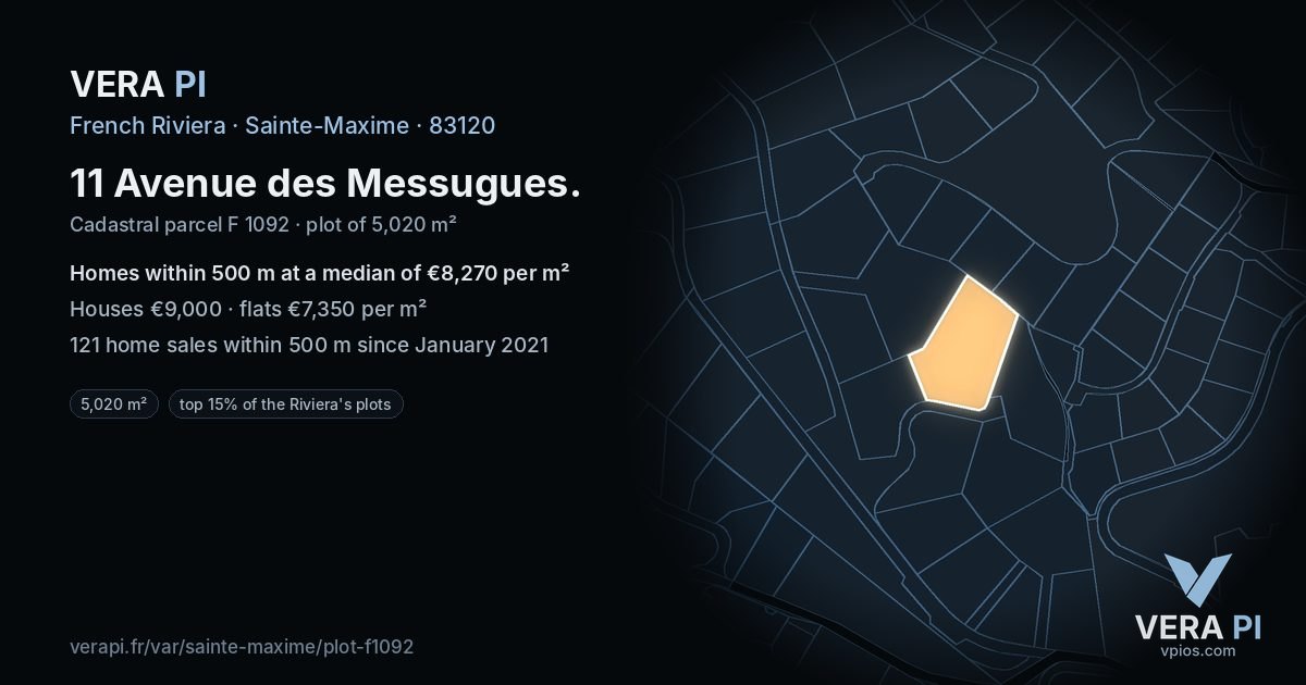 11 Avenue des Messugues, Sainte-Maxime at night – the plot lit, the parcels around coloured by the prices near them