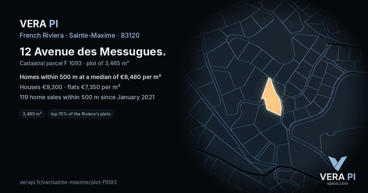 12 Avenue des Messugues, Sainte-Maxime at night – the plot lit, the parcels around coloured by the prices near them