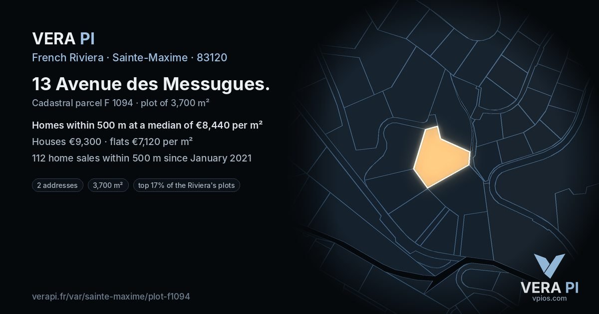 13 Avenue des Messugues, Sainte-Maxime at night – the plot lit, the parcels around coloured by the prices near them