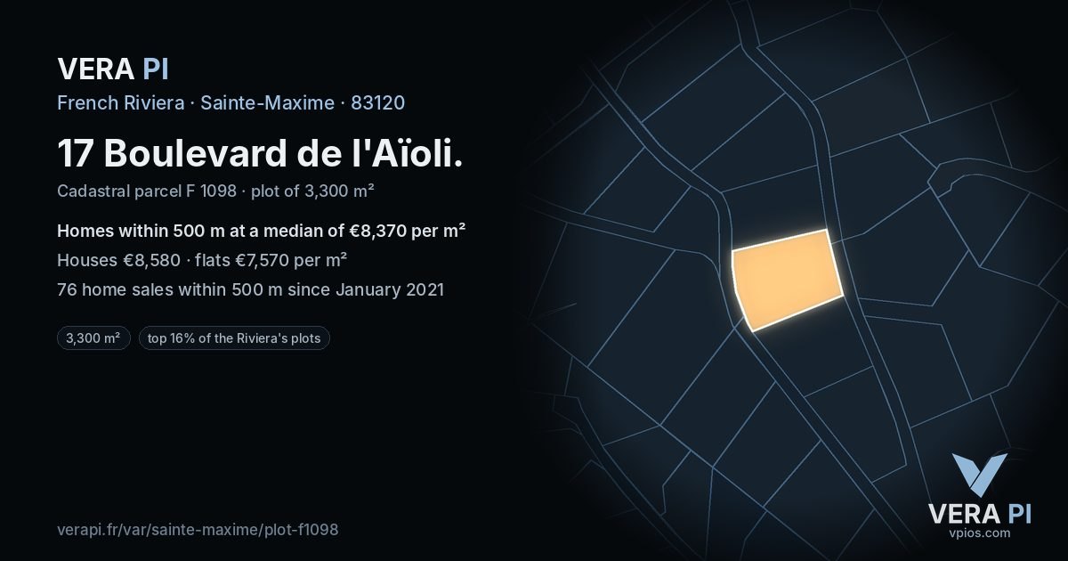 17 Boulevard de l'Aïoli, Sainte-Maxime at night – the plot lit, the parcels around coloured by the prices near them