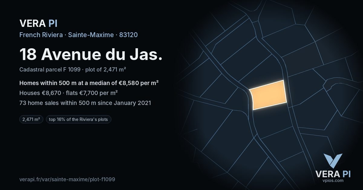 18 Avenue du Jas, Sainte-Maxime at night – the plot lit, the parcels around coloured by the prices near them