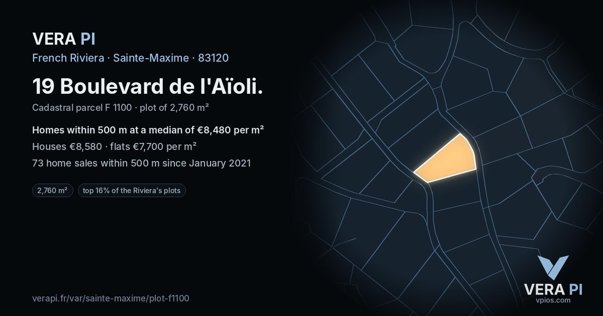 19 Boulevard de l'Aïoli, Sainte-Maxime at night – the plot lit, the parcels around coloured by the prices near them
