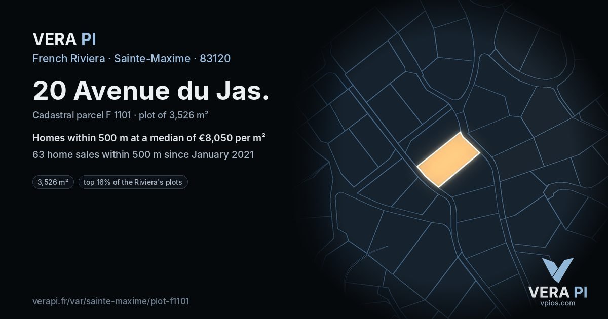 20 Avenue du Jas, Sainte-Maxime at night – the plot lit, the parcels around coloured by the prices near them