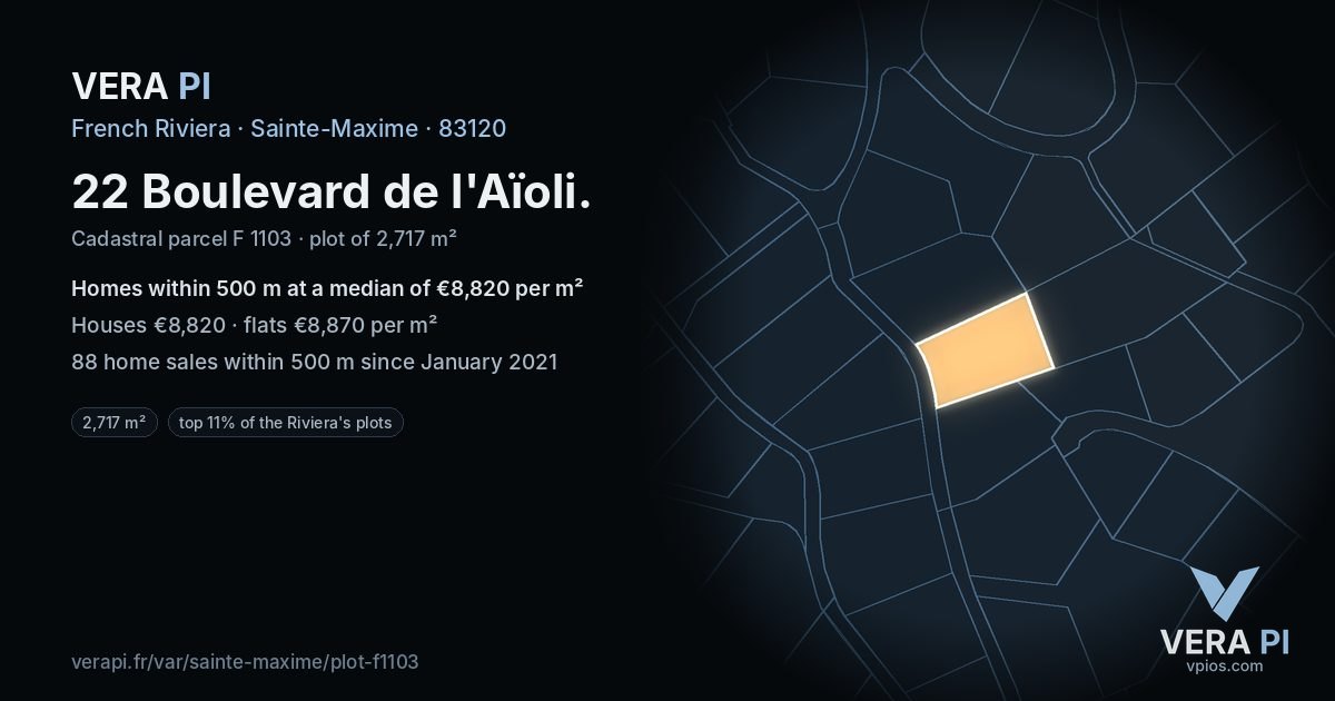 22 Boulevard de l'Aïoli, Sainte-Maxime at night – the plot lit, the parcels around coloured by the prices near them