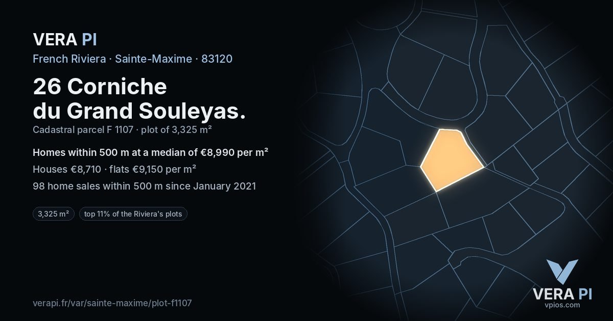 26 Corniche du Grand Souleyas, Sainte-Maxime at night – the plot lit, the parcels around coloured by the prices near them
