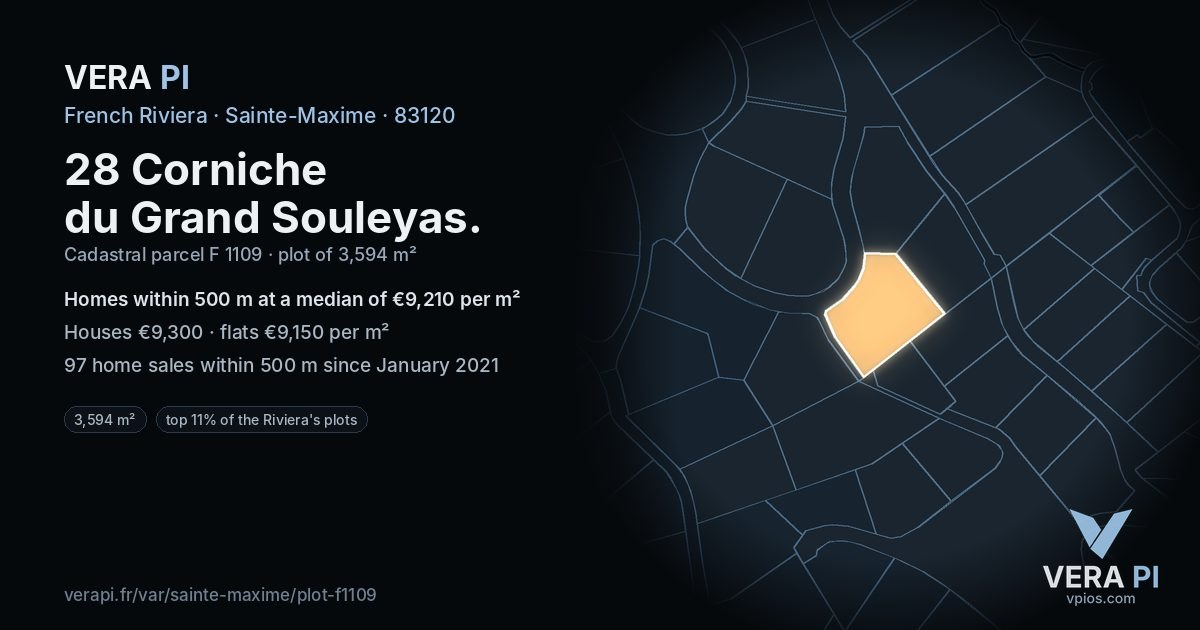 28 Corniche du Grand Souleyas, Sainte-Maxime at night – the plot lit, the parcels around coloured by the prices near them