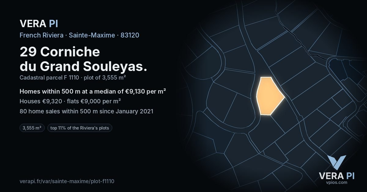 29 Corniche du Grand Souleyas, Sainte-Maxime at night – the plot lit, the parcels around coloured by the prices near them