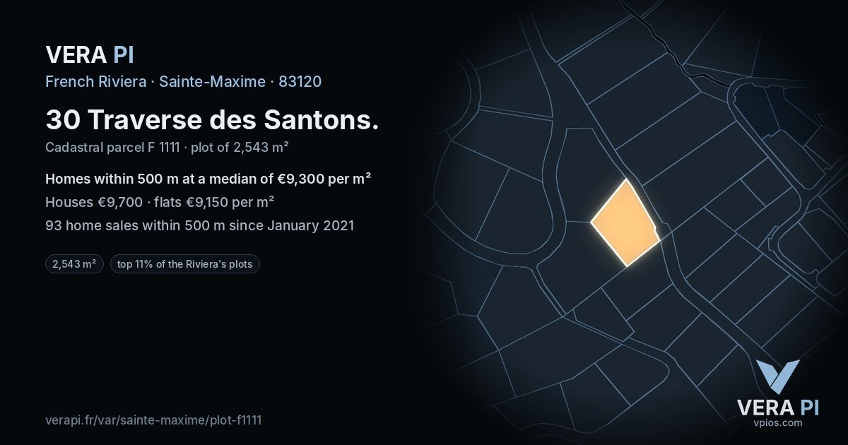 30 Traverse des Santons, Sainte-Maxime at night – the plot lit, the parcels around coloured by the prices near them