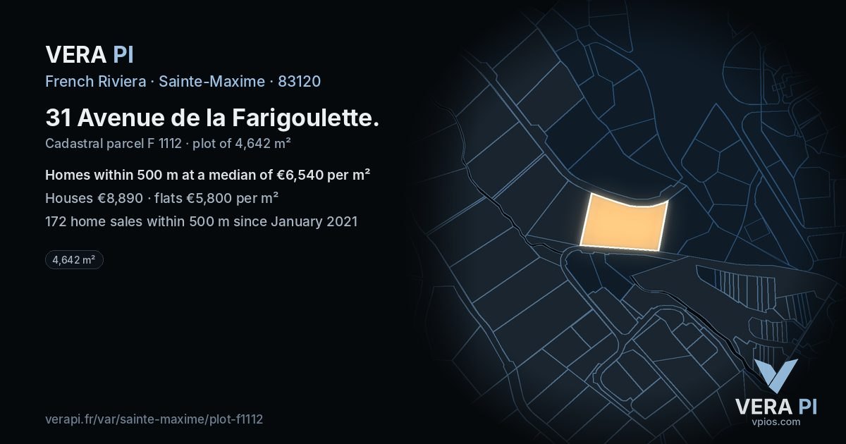 31 Avenue de la Farigoulette, Sainte-Maxime at night – the plot lit, the parcels around coloured by the prices near them