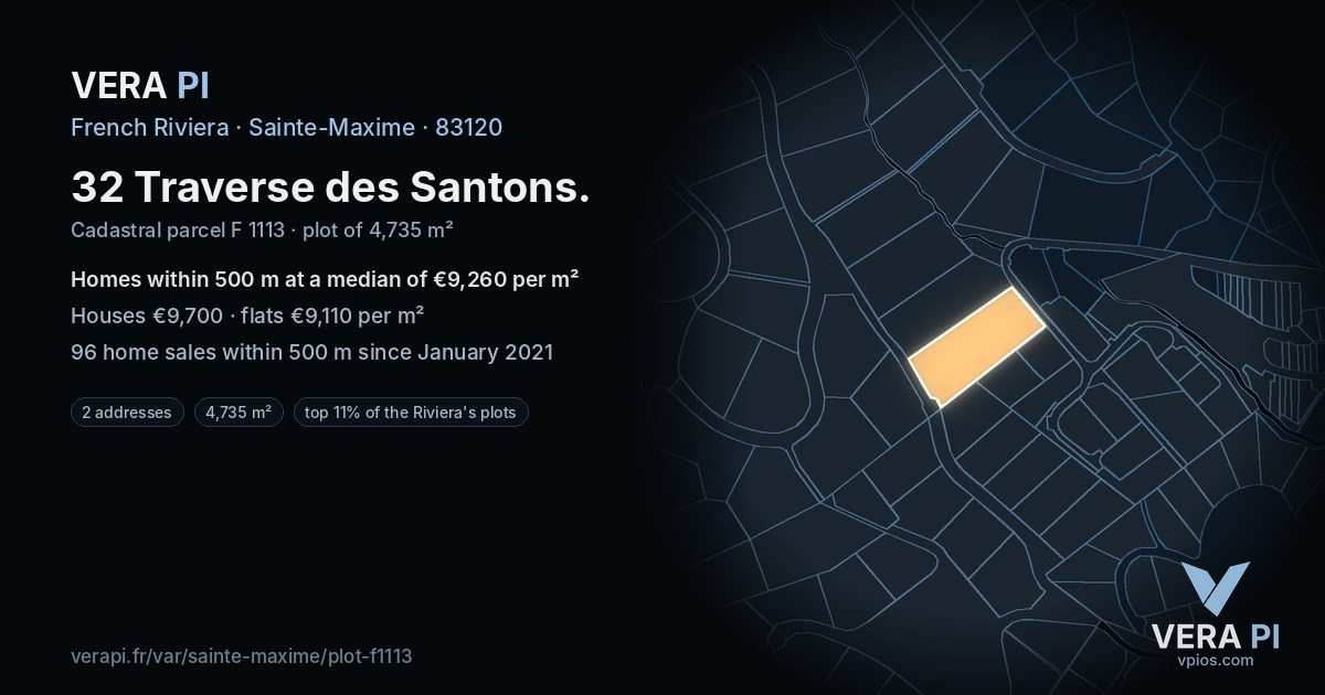 32 Traverse des Santons, Sainte-Maxime at night – the plot lit, the parcels around coloured by the prices near them