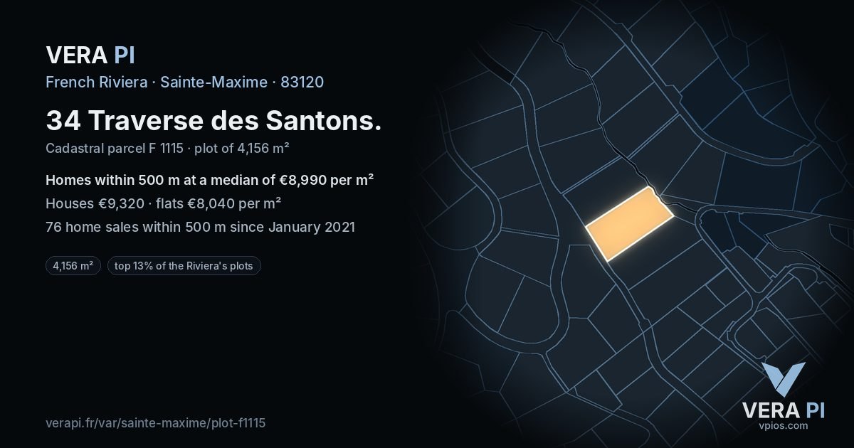 34 Traverse des Santons, Sainte-Maxime at night – the plot lit, the parcels around coloured by the prices near them