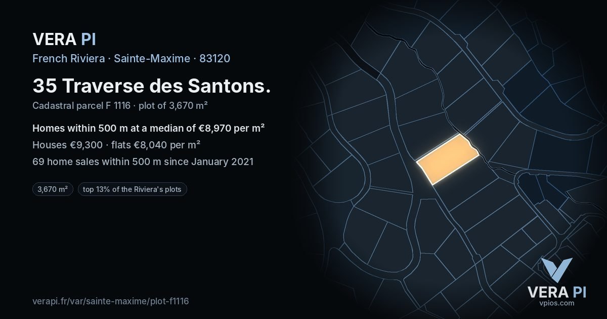 35 Traverse des Santons, Sainte-Maxime at night – the plot lit, the parcels around coloured by the prices near them