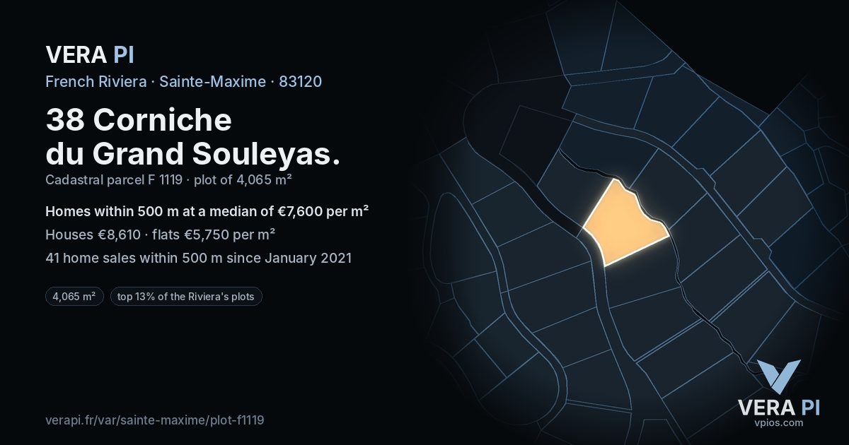 38 Corniche du Grand Souleyas, Sainte-Maxime at night – the plot lit, the parcels around coloured by the prices near them
