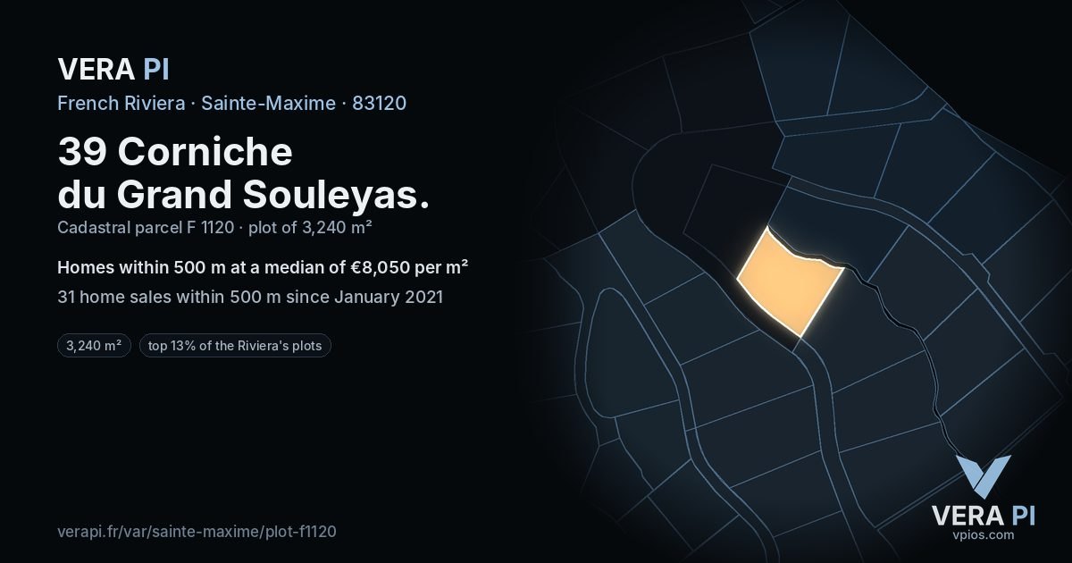 39 Corniche du Grand Souleyas, Sainte-Maxime at night – the plot lit, the parcels around coloured by the prices near them