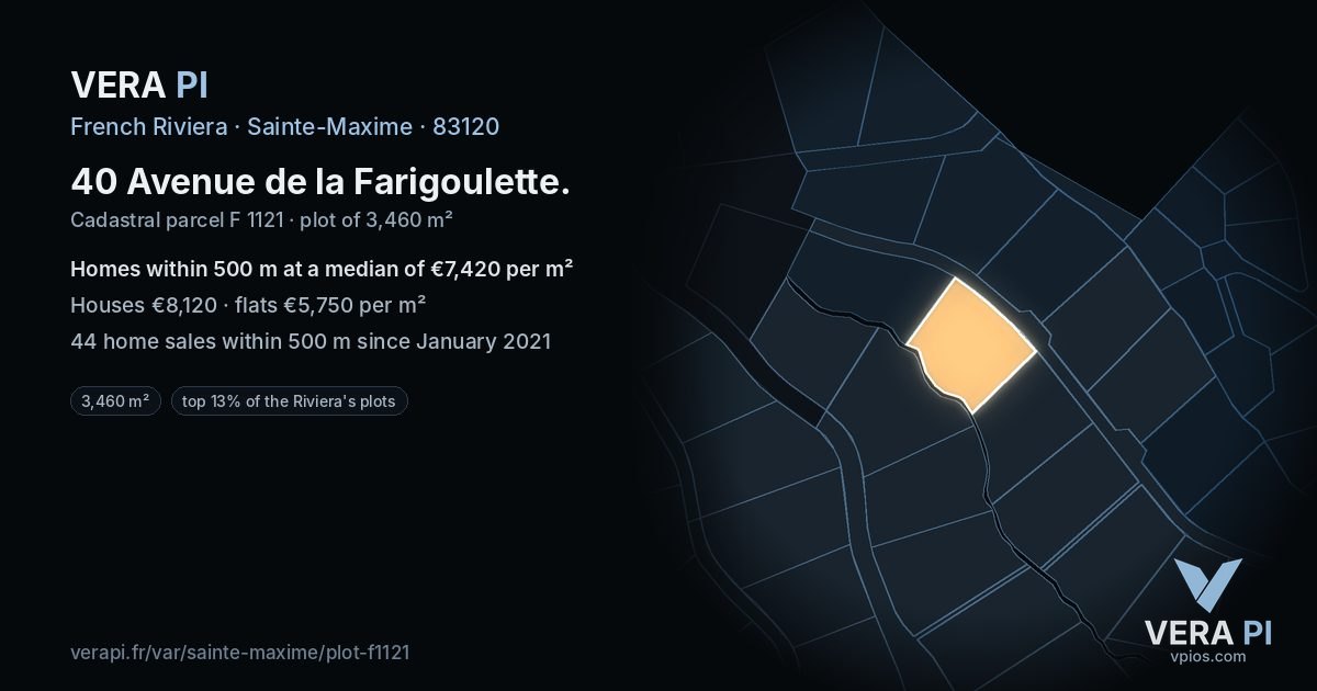40 Avenue de la Farigoulette, Sainte-Maxime at night – the plot lit, the parcels around coloured by the prices near them