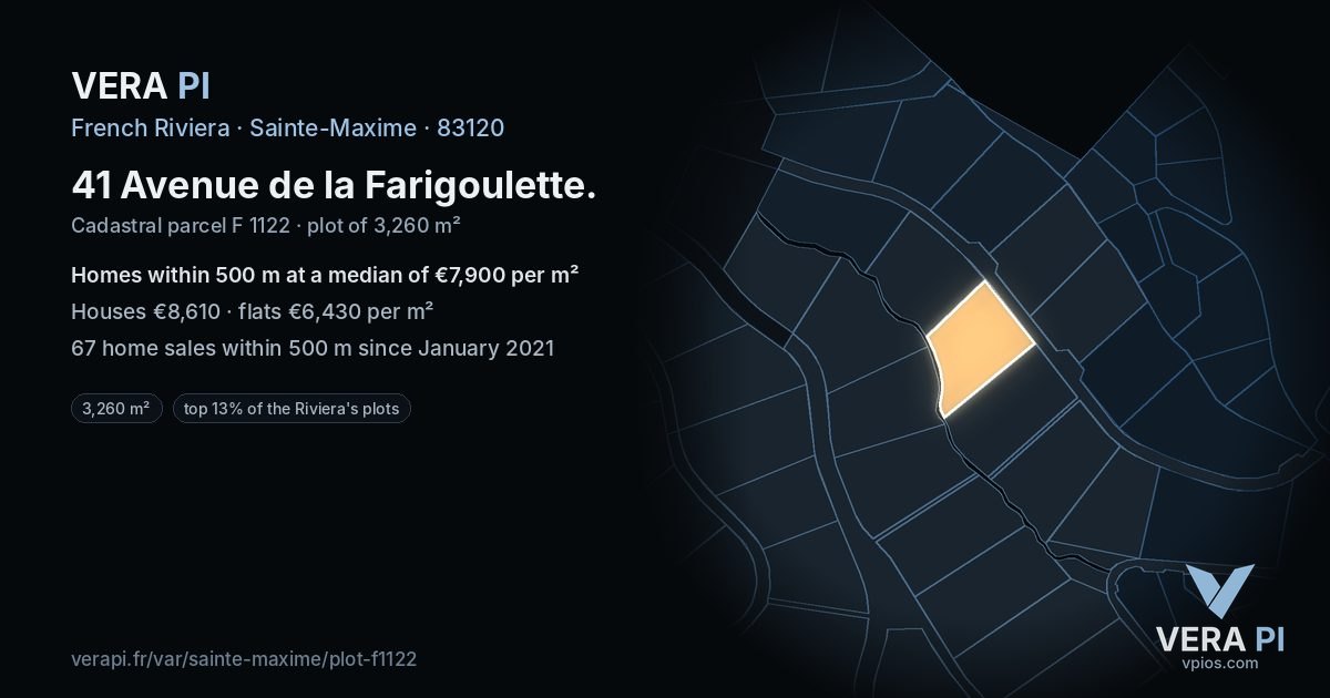 41 Avenue de la Farigoulette, Sainte-Maxime at night – the plot lit, the parcels around coloured by the prices near them