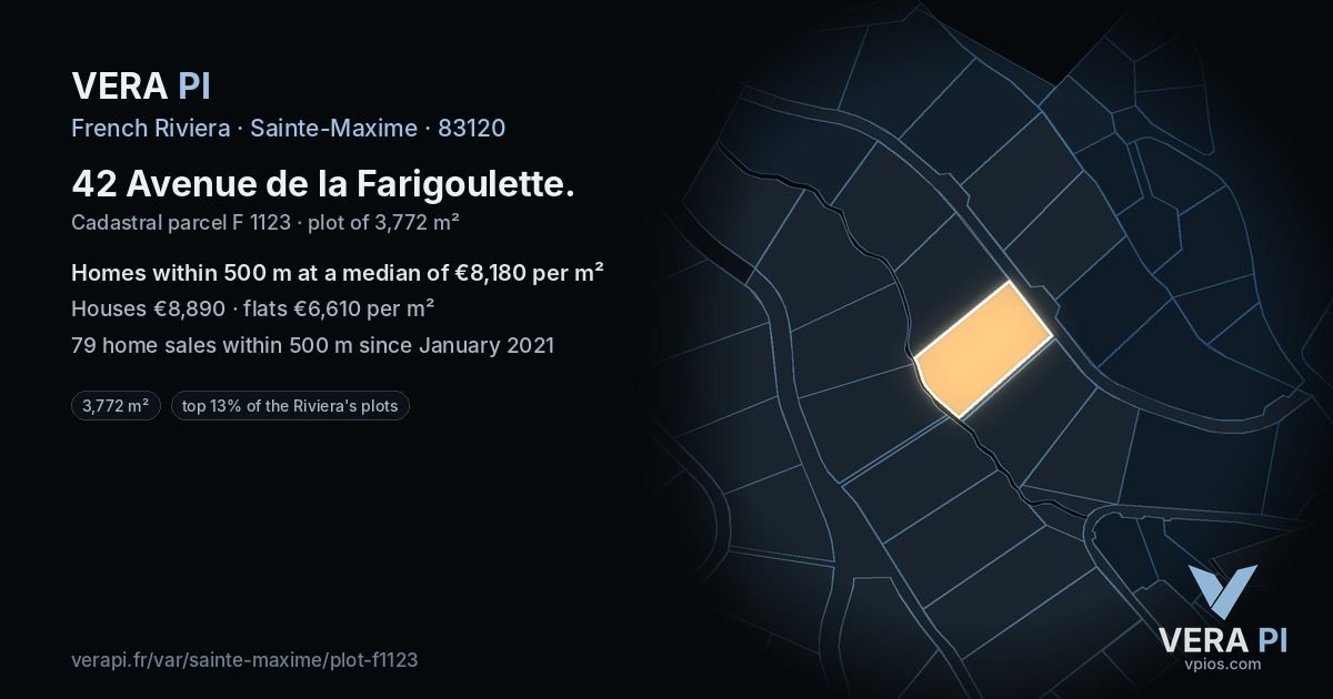 42 Avenue de la Farigoulette, Sainte-Maxime at night – the plot lit, the parcels around coloured by the prices near them
