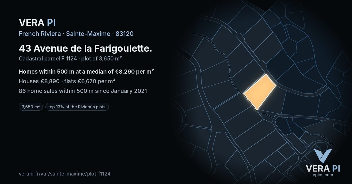43 Avenue de la Farigoulette, Sainte-Maxime at night – the plot lit, the parcels around coloured by the prices near them