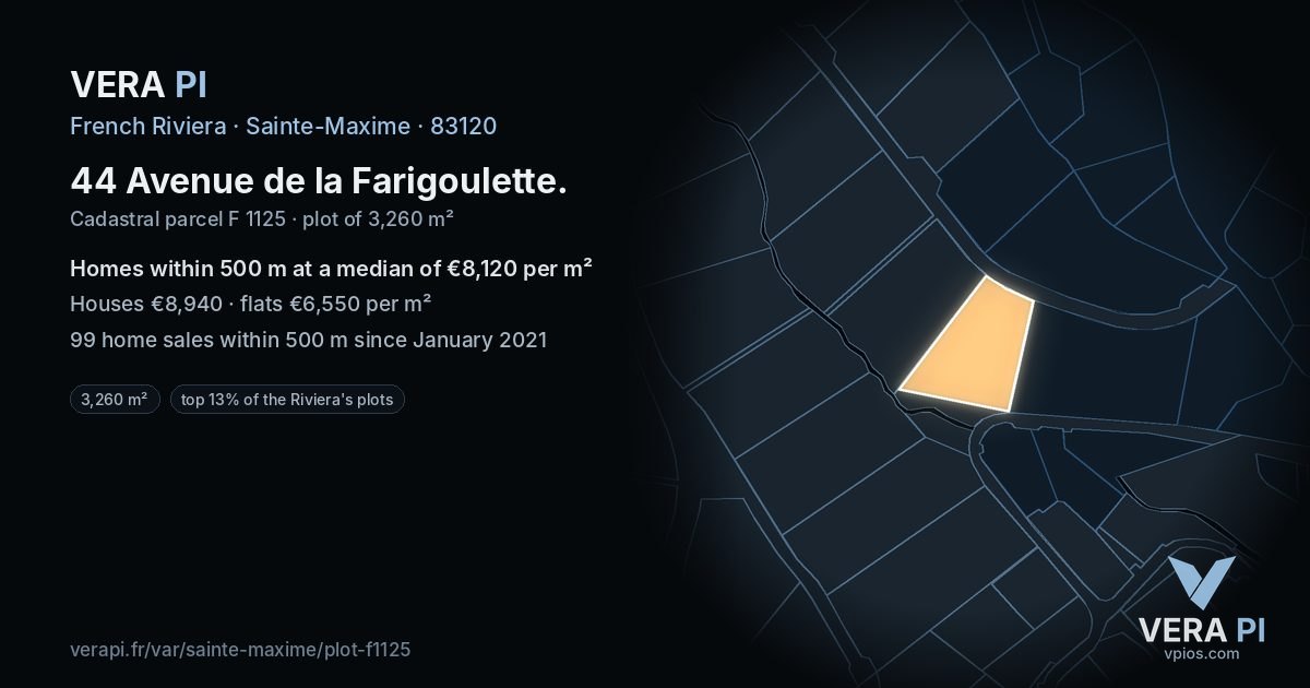 44 Avenue de la Farigoulette, Sainte-Maxime at night – the plot lit, the parcels around coloured by the prices near them
