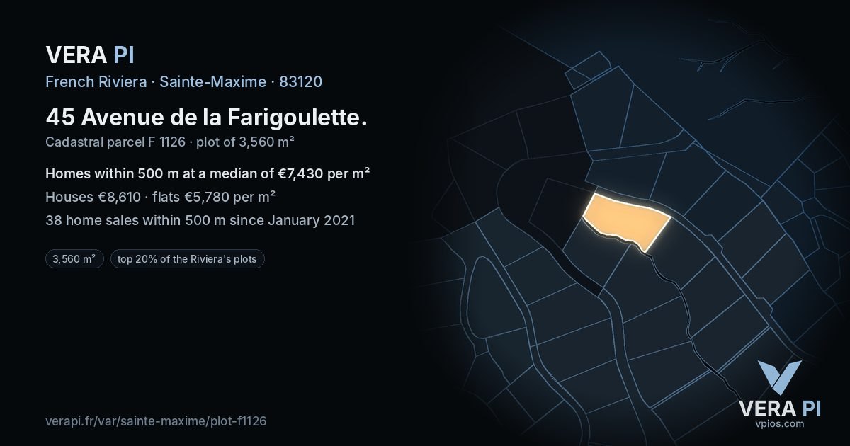 45 Avenue de la Farigoulette, Sainte-Maxime at night – the plot lit, the parcels around coloured by the prices near them