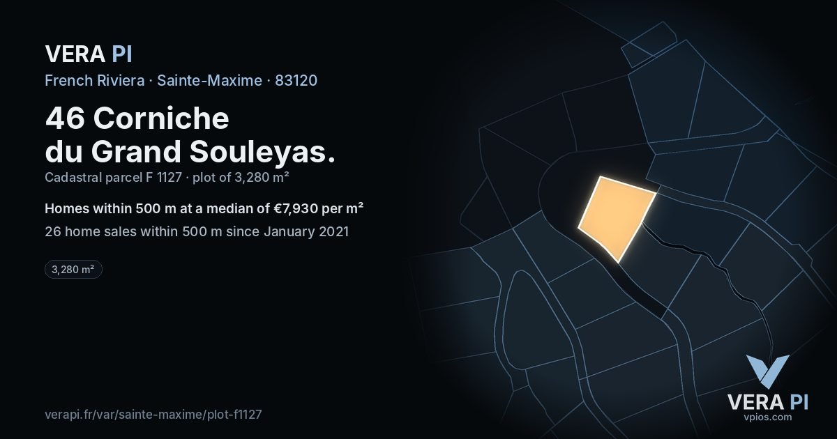 46 Corniche du Grand Souleyas, Sainte-Maxime at night – the plot lit, the parcels around coloured by the prices near them