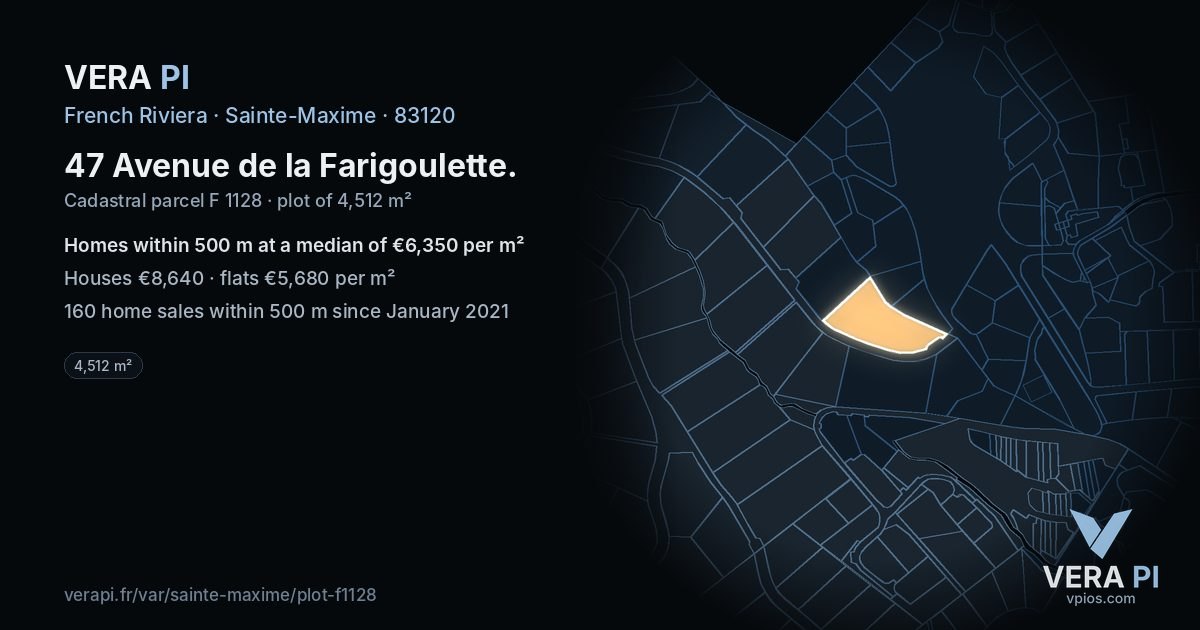47 Avenue de la Farigoulette, Sainte-Maxime at night – the plot lit, the parcels around coloured by the prices near them