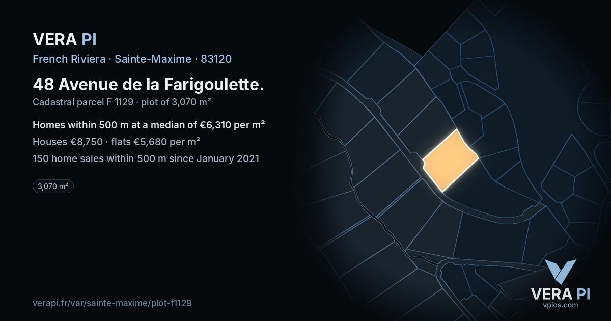 48 Avenue de la Farigoulette, Sainte-Maxime at night – the plot lit, the parcels around coloured by the prices near them