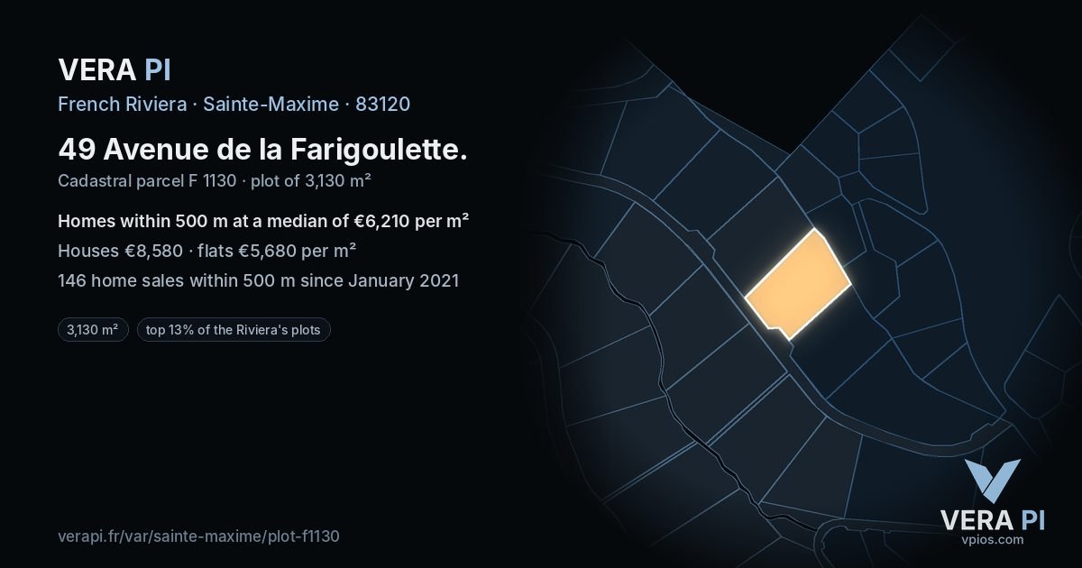 49 Avenue de la Farigoulette, Sainte-Maxime at night – the plot lit, the parcels around coloured by the prices near them