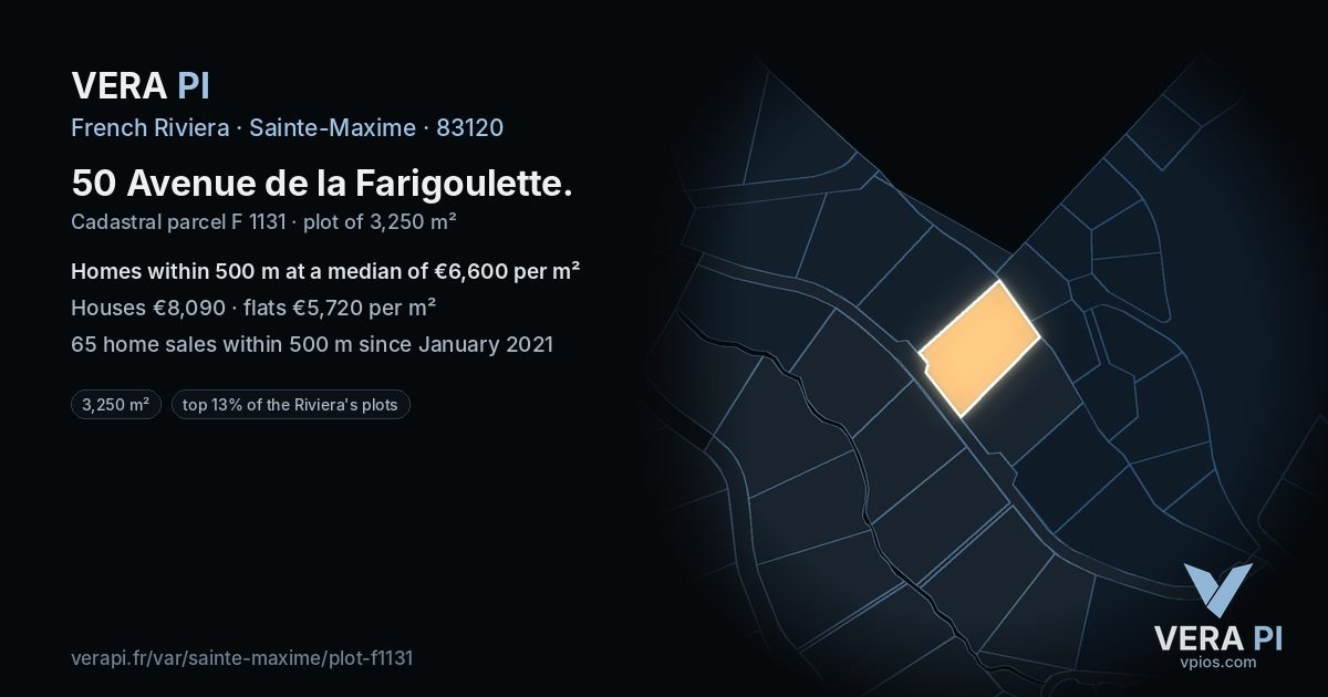 50 Avenue de la Farigoulette, Sainte-Maxime at night – the plot lit, the parcels around coloured by the prices near them