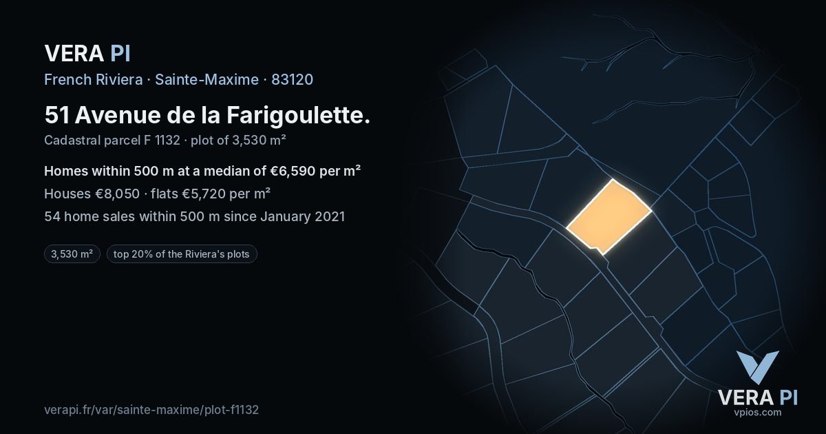 51 Avenue de la Farigoulette, Sainte-Maxime at night – the plot lit, the parcels around coloured by the prices near them