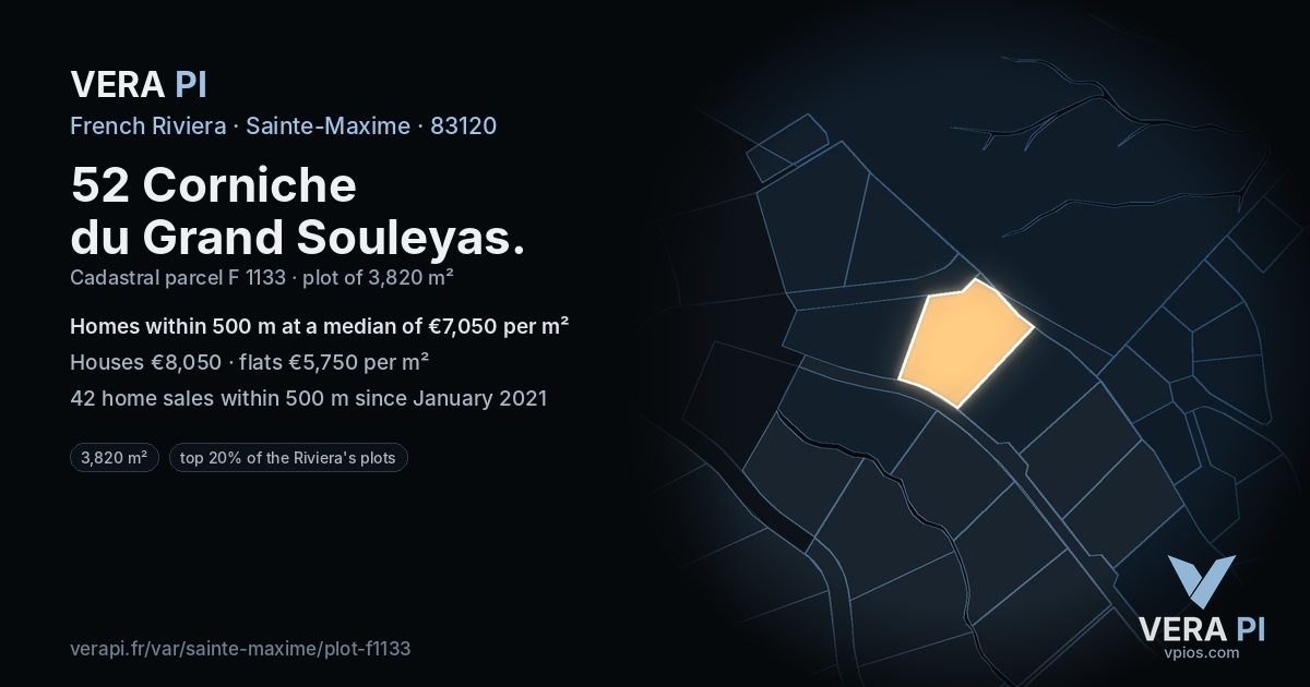 52 Corniche du Grand Souleyas, Sainte-Maxime at night – the plot lit, the parcels around coloured by the prices near them