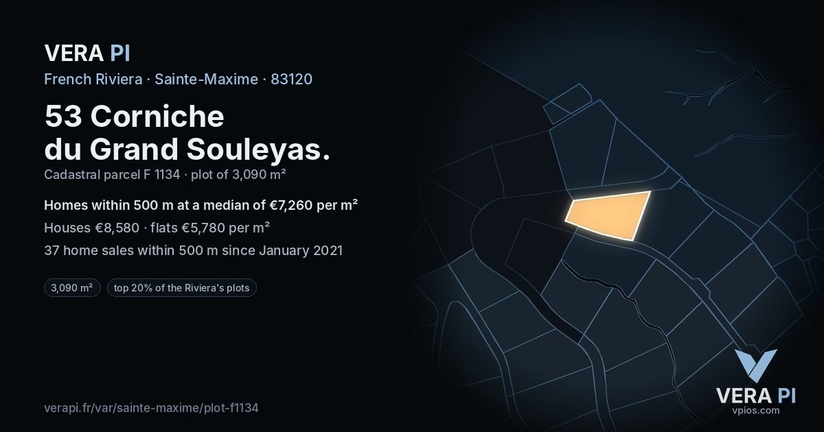 53 Corniche du Grand Souleyas, Sainte-Maxime at night – the plot lit, the parcels around coloured by the prices near them