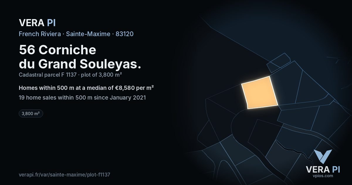 56 Corniche du Grand Souleyas, Sainte-Maxime at night – the plot lit, the parcels around coloured by the prices near them