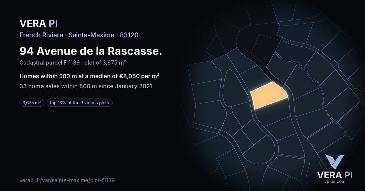 94 Avenue de la Rascasse, Sainte-Maxime at night – the plot lit, the parcels around coloured by the prices near them