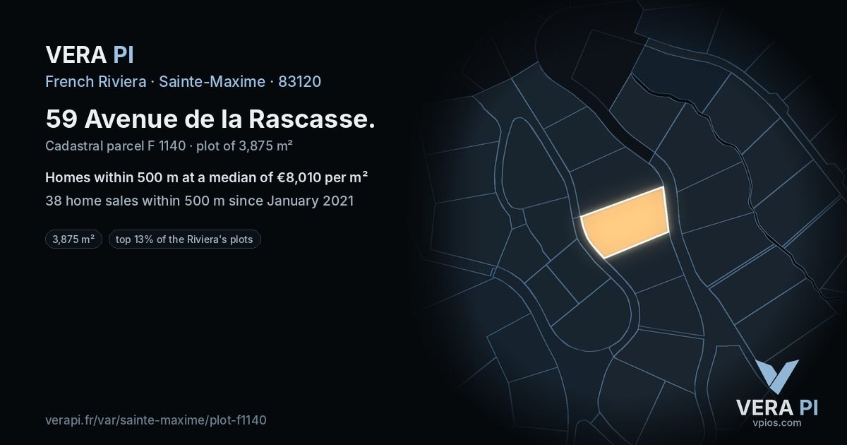 59 Avenue de la Rascasse, Sainte-Maxime at night – the plot lit, the parcels around coloured by the prices near them