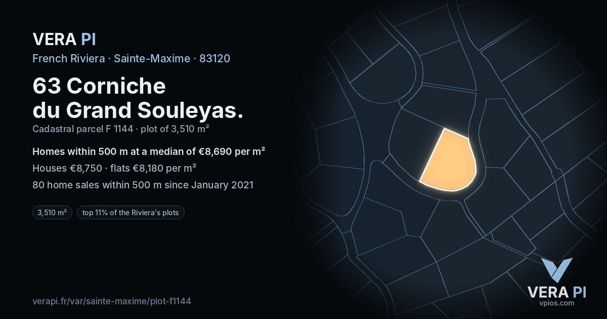 63 Corniche du Grand Souleyas, Sainte-Maxime at night – the plot lit, the parcels around coloured by the prices near them