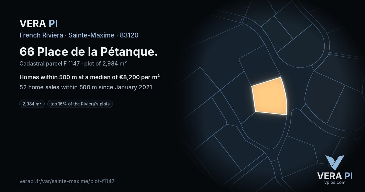 66 Place de la Pétanque, Sainte-Maxime at night – the plot lit, the parcels around coloured by the prices near them