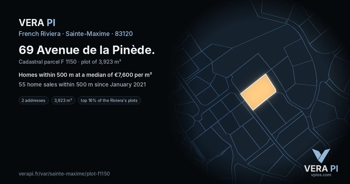 69 Avenue de la Pinède, Sainte-Maxime at night – the plot lit, the parcels around coloured by the prices near them