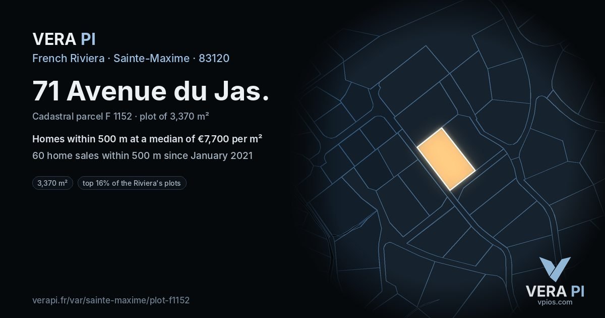 71 Avenue du Jas, Sainte-Maxime at night – the plot lit, the parcels around coloured by the prices near them