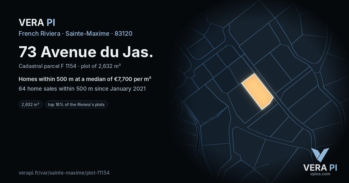 73 Avenue du Jas, Sainte-Maxime at night – the plot lit, the parcels around coloured by the prices near them