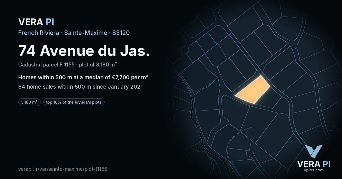 74 Avenue du Jas, Sainte-Maxime at night – the plot lit, the parcels around coloured by the prices near them