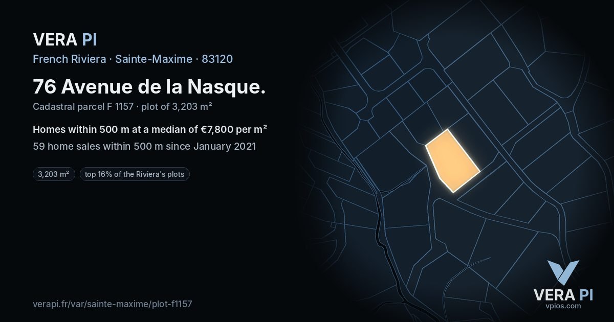 76 Avenue de la Nasque, Sainte-Maxime at night – the plot lit, the parcels around coloured by the prices near them