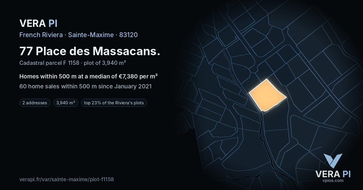 77 Place des Massacans, Sainte-Maxime at night – the plot lit, the parcels around coloured by the prices near them
