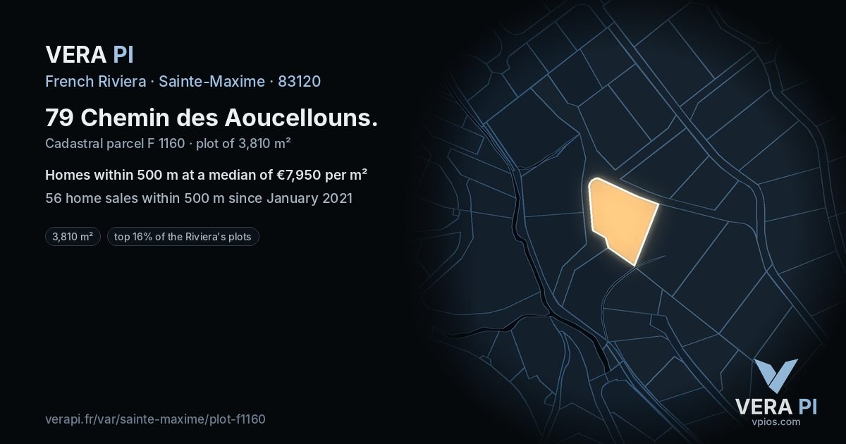 79 Chemin des Aoucellouns, Sainte-Maxime at night – the plot lit, the parcels around coloured by the prices near them