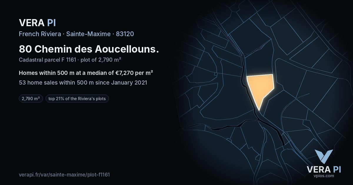 80 Chemin des Aoucellouns, Sainte-Maxime at night – the plot lit, the parcels around coloured by the prices near them