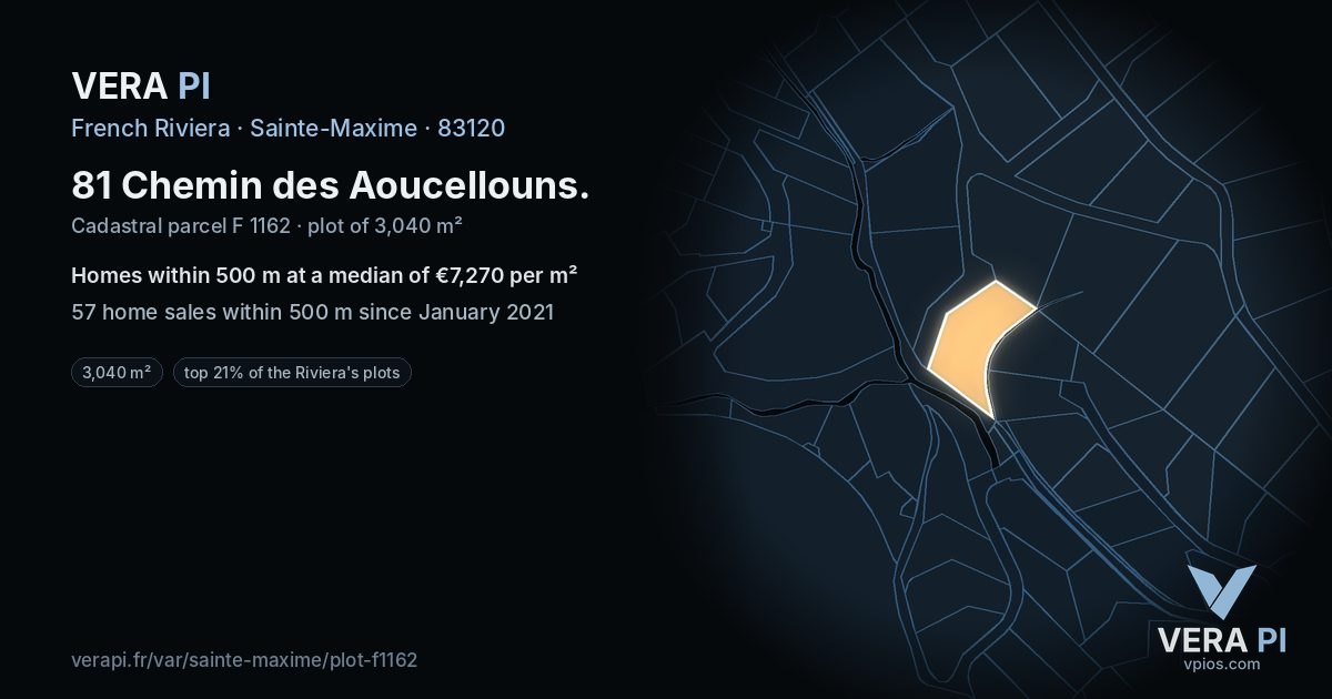 81 Chemin des Aoucellouns, Sainte-Maxime at night – the plot lit, the parcels around coloured by the prices near them